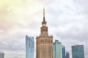 Fototapeta na wymiar Warsaw, Poland - 08 December 2018: Aerial view Palace of Culture and Science and downtown business skyscrapers, city center, cityscape of the metropolis
