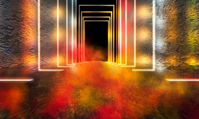 Naklejka premium Dark empty stage, empty corridor with concrete walls and neon lights, multi-colored blurred lights, bokeh