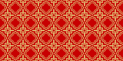 Color Seamless Lace Pattern With Abstract Geometric . Stylish Fashion Design Background For Invitation Card. Illustration. Gold red color
