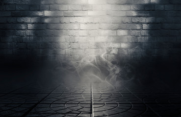 Background of empty brick wall and concrete floor. Neon lights, smoke