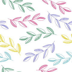 Hand drawn seamless vector pattern with colorful  leaves and branches isolated on white background. For decoration, wrapping paper or textile.