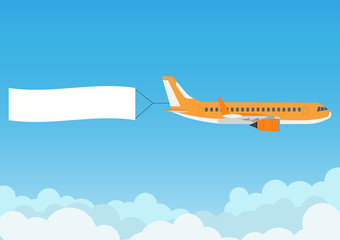 Flying airplane with advertising banner on blue sky - Vector illustration