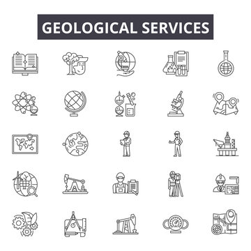 Geological Services Line Icons For Web And Mobile. Editable Stroke Signs. Geological Services  Outline Concept Illustrations