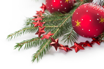 Fototapeta na wymiar Christmas tree branches and decorations 