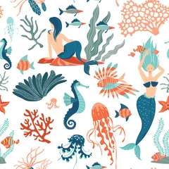 Gordijnen Magische naadloze patroon Onderwater dieren zeemeerminnen Marine Life. achtergrond © svsunny