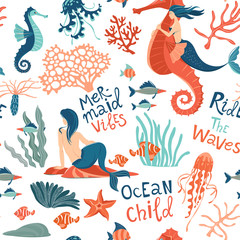 Magic seamless pattern Underwater animals mermaids Marine Life. Lettering quotes