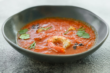 Gazpacho with prawns. Close up of a spanish cold vegetable soup gazpacho