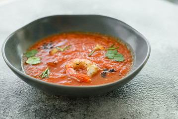 Gazpacho with prawns. Close up of a spanish cold vegetable soup gazpacho