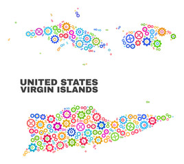 Mosaic technical American Virgin Islands map isolated on a white background. Vector geographic abstraction in different colors.