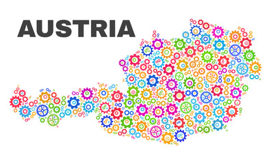 Mosaic technical Austria map isolated on a white background. Vector geographic abstraction in different colors. Mosaic of Austria map combined of scattered multi-colored gearwheel elements.