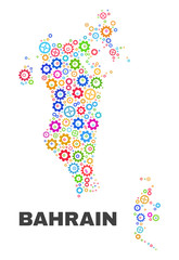 Mosaic technical Bahrain map isolated on a white background. Vector geographic abstraction in different colors. Mosaic of Bahrain map designed from random multi-colored gear elements.