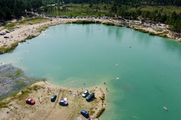Aerial view of Blue Lake beach in Tyumen. Russia