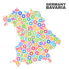Mosaic technical Bavaria Land map isolated on a white background. Vector geographic abstraction in different colors. Mosaic of Bavaria Land map combined of random multi-colored wheel items.
