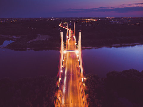 Warsaw Siekierkowski bridge at night sunset Poland traffic 