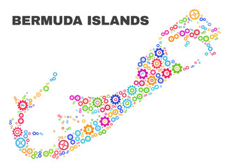 Mosaic technical Bermuda Islands map isolated on a white background. Vector geographic abstraction in different colors. Mosaic of Bermuda Islands map combined of random multi-colored cog elements.