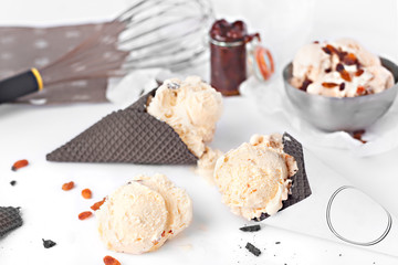 Delicious malaga ice cream black cones with seedless raisins