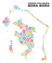Mosaic technical Bora-Bora map isolated on a white background. Vector geographic abstraction in different colors. Mosaic of Bora-Bora map combined of scattered colorful gearwheel elements. - obrazy, fototapety, plakaty