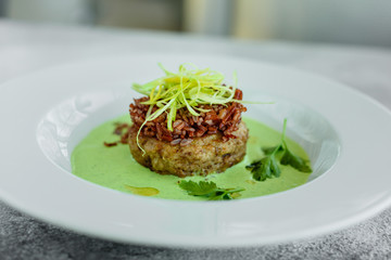 Meat dish with rice, onions slices, greens and sauce