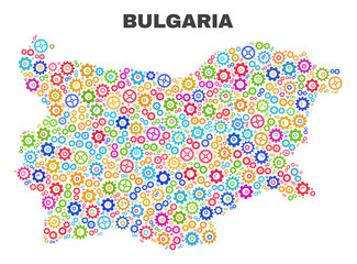 Mosaic technical Bulgaria map isolated on a white background. Vector geographic abstraction in different colors. Mosaic of Bulgaria map combined of scattered multi-colored wheel elements.