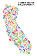 Mosaic technical California State map isolated on a white background. Vector geographic abstraction in different colors.