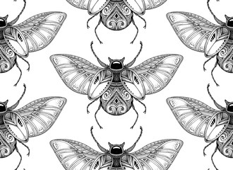 Vector seamless pattern with black and white hand drawn stylized beetle