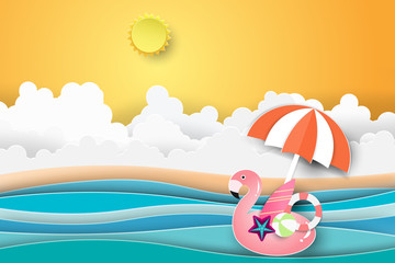 Flamingo Boat on the ocean landscape with ocean view on clear sunset sky,Summer concept.Paper art style.