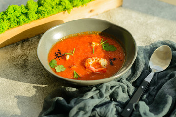 Gazpacho with prawns. Close up of a spanish cold vegetable soup gazpacho