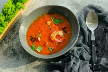 Gazpacho with prawns. Close up of a spanish cold vegetable soup gazpacho