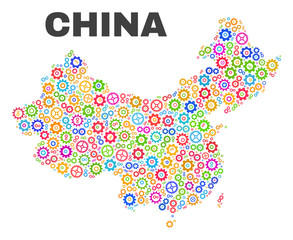 Mosaic technical China map isolated on a white background. Vector geographic abstraction in different colors. Mosaic of China map designed from random multi-colored gear items.