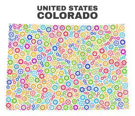 Mosaic technical Colorado State map isolated on a white background. Vector geographic abstraction in different colors. Mosaic of Colorado State map designed from random multi-colored cog items.
