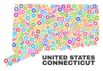 Mosaic technical Connecticut State map isolated on a white background. Vector geographic abstraction in different colors. Mosaic of Connecticut State map combined of scattered bright wheel elements.