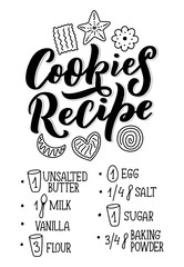 Lettering with cookies recipe. Delicious poster. Concept design. Vector illustration. Funny christmas text. Bakery card.