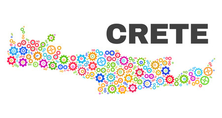 Mosaic technical Crete map isolated on a white background. Vector geographic abstraction in different colors. Mosaic of Crete map combined of random multi-colored gearwheel items.