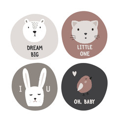 Hand drawn kids design. Cirles with cute animals and phrases.