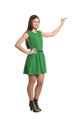 Beautiful woman with marker pen on white background