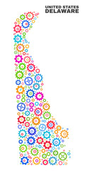 Mosaic technical Delaware State map isolated on a white background. Vector geographic abstraction in different colors. Mosaic of Delaware State map combined of random multi-colored cogwheel elements.