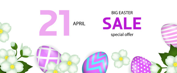 Fototapeta premium April twenty first, big Easter sale lettering with flowers and eggs. Easter offer design. Typed text, calligraphy. For leaflets, brochures, invitations, posters or banners.