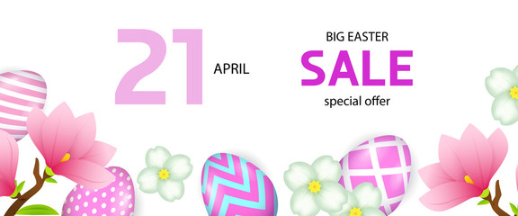 April twenty first, big Easter sale lettering, eggs and flowers. Easter offer design. Typed text, calligraphy. For leaflets, brochures, invitations, posters or banners.