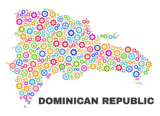 Mosaic technical Dominican Republic map isolated on a white background. Vector geographic abstraction in different colors. Mosaic of Dominican Republic map combined of random colorful cog elements.