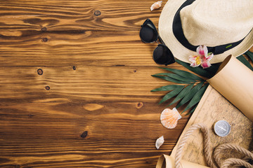 Travel and explore concept. Maps and accessories prepared for the trip. Top view and copy space