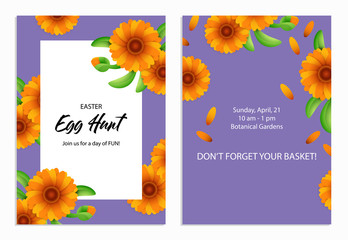 Easter Egg Hunt lettering in frame with flowers. Easter invitation. Handwritten and typed text, calligraphy. For leaflets, brochures, invitations, posters or banners.