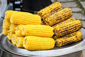 Close up of a group of freshly boiled and grilled yellow corn on a grey surface in display at a food market