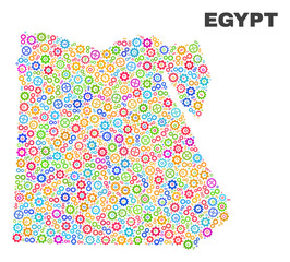 Mosaic technical Egypt map isolated on a white background. Vector geographic abstraction in different colors. Mosaic of Egypt map composed from random multi-colored cogwheel items.