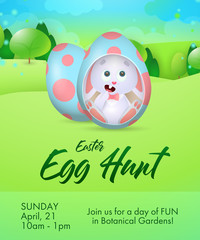 Easter Egg Hunt lettering with rabbit inside egg in meadow. Easter invitation. Handwritten text, calligraphy. For leaflets, brochures, invitations, posters or banners.