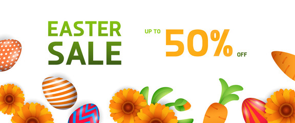 Easter sale, up to fifty percent off lettering with flowers and eggs. Easter offer design. Typed text, calligraphy. For leaflets, brochures, invitations, posters or banners.