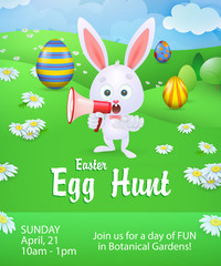 Egg Hunt lettering and bunny holding loudspeaker. Easter invitation. Handwritten text, calligraphy. For leaflets, brochures, invitations, posters or banners.