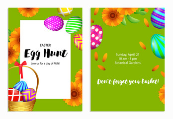Egg Hunt lettering in frame with flowers and painted eggs. Easter invitation. Handwritten and typed text, calligraphy. For leaflets, brochures, invitations, posters or banners.