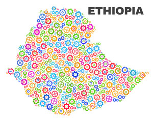 Mosaic technical Ethiopia map isolated on a white background. Vector geographic abstraction in different colors. Mosaic of Ethiopia map designed from random multi-colored cog items.