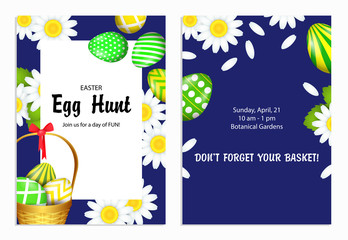 Egg Hunt lettering with flowers and painted eggs. Easter invitation. Handwritten and typed text, calligraphy. For leaflets, brochures, invitations, posters or banners.