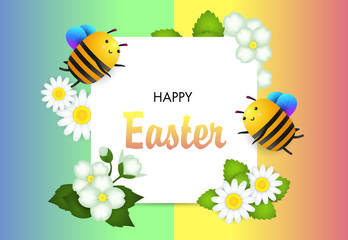 Happy Easter lettering in frame with bees and flowers. Easter greeting card. Handwritten text, calligraphy. For leaflets, brochures, invitations, posters or banners.